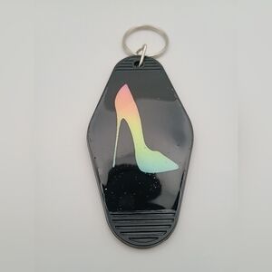 Motel Retro Styled Solid Black Keychain with Pastel Rainbow Stiletto Pump Design